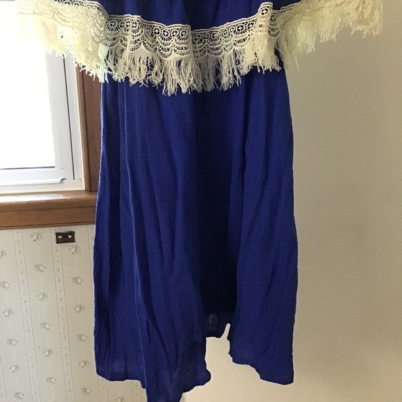 Cobalt Blue Off The Shoulder Dress Beige Fringe - Picture 3 of 5